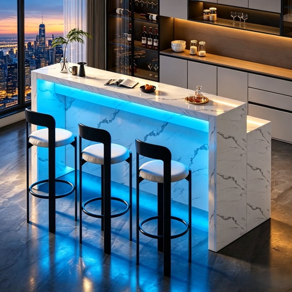 70.87'' Marble Bar Table, Modern Staggered Marble Bar Height Long Table with LED Lighting, Living Rooms, Office Break Rooms, Cash Registers, White