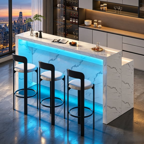 70.87'' Marble Pattern Bar Table, Staggered Legs Rectangular Striped Tabletop with LED Lighting, Modern Minimalist Design for Kitchens, Living Rooms, Office Break Rooms, or Cash Registers, White