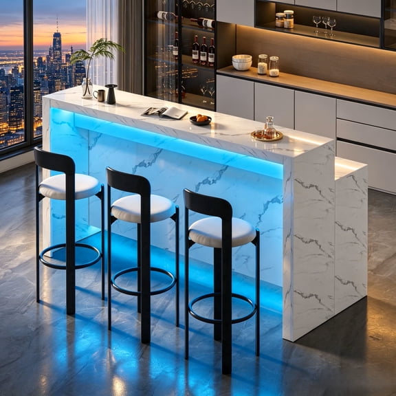 70.87'' Marble Bar Table, Modern Staggered Marble Bar Height Long Table with LED Lighting, Living Rooms, Office Break Rooms, Cash Registers, White