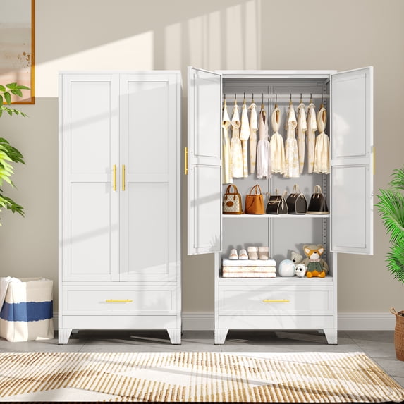 70.87" Metal Armoire Wardrobe Closet Storage Cabinet with Hanging Rod And 1 Drawer