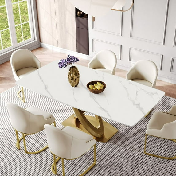 POVISON-70.87“Modern Luxe Rectangular Dining Table For 4, White Matte Sintered Stone Tabletop, X-Shape Titanium Gold Stainless Steel Base