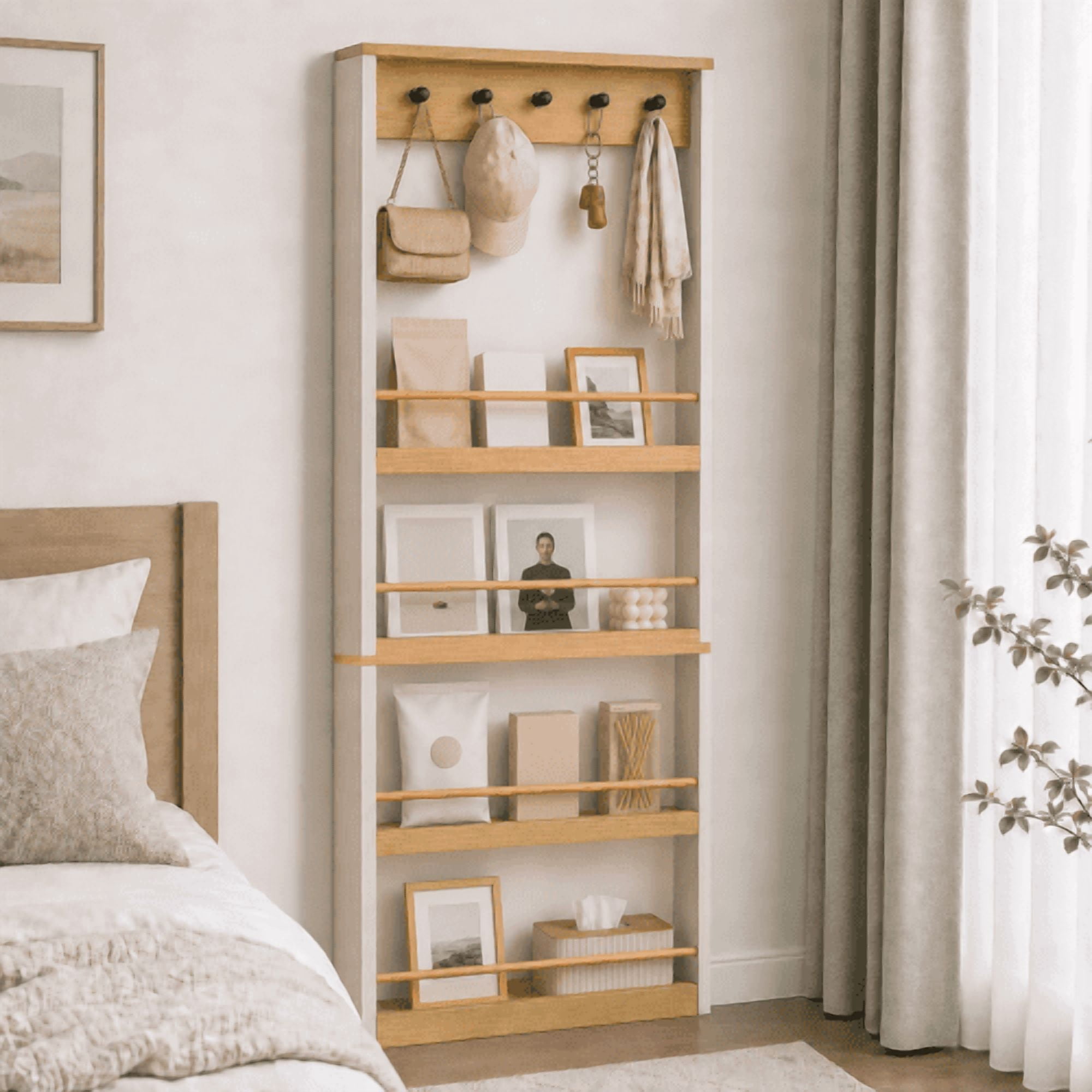 70.87" Tall Bookcase behind the Door with 4 Shelves and 5 Hooks, Space-Saving Narrow Storage Cabinet for Living Room, Bedroom, Hallway, Antique White