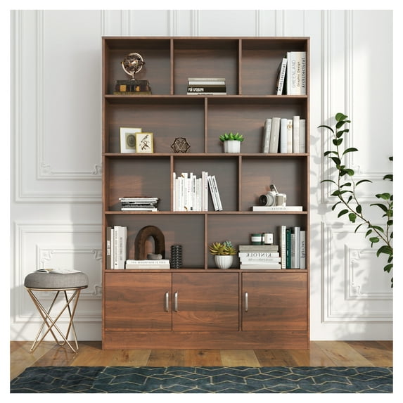 70.87" Tall Bookshelf with 10 Cubes and 3 Doors, 4-Tier Bookshelf, Open Shelf Bookcase with Cabinet, Modern Cube Storage Organizer for Living Room, and Office
