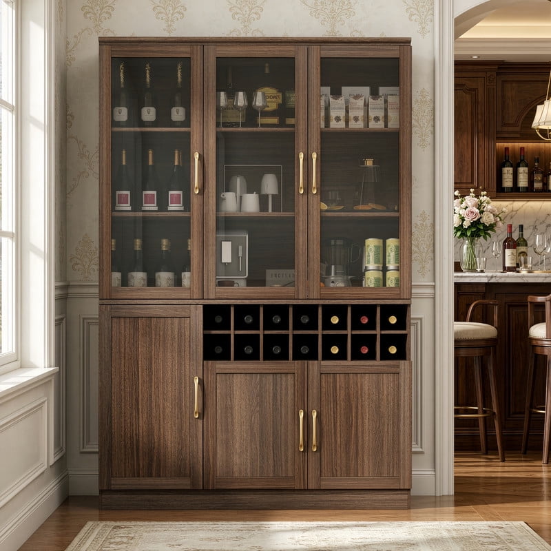 70.87" Tall Home Bar Cabinet with Glass Doors, Storage Cabinet with Removable Wine Cubbies, Kitchen Pantry with Adjustable Shelves