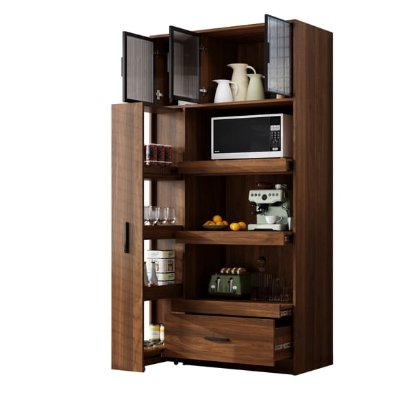 70.87" Tall Kitchen Pantry Cabinet with multi-functional pull-out multi-tier storage shelf, 1 Drawer, Aluminum frame glass door,Freestanding Food Hutch with Microwave Stand for Dining Room No1404