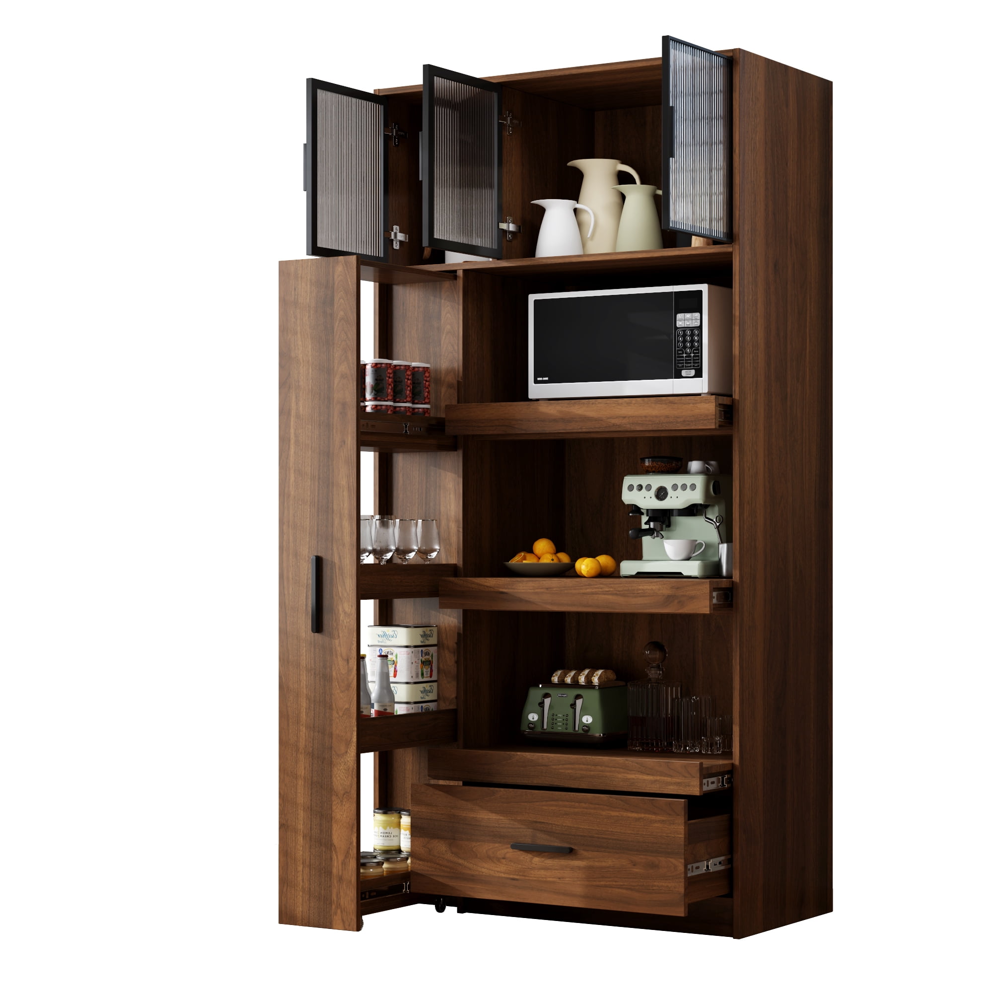 70.87" Tall Kitchen Pantry Cabinet with multi-functional pull-out multi-tier storage shelf, 1 Drawers,with Aluminum frame glass door,Freestanding Food Hutch with Microwave Stand for Dining Room