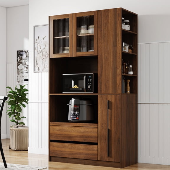 70.87 Tall Kitchen Pantry Cabinet with Pull-Out Shelf, Freestanding Food Hutch with Microwave Stand, Walnut
