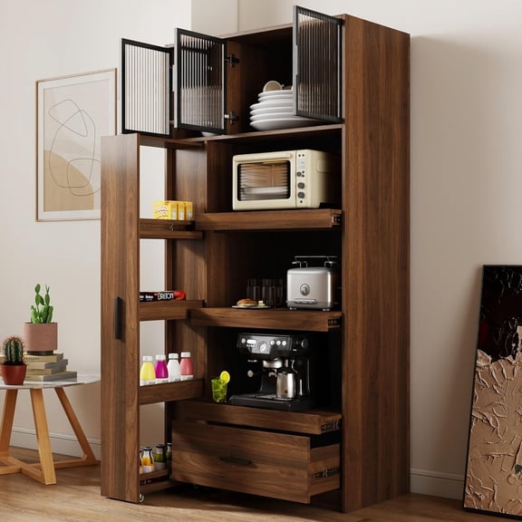 70.87" Tall Kitchen Pantry Storage Cabinet with Multi-Functional Pull-Out Shelf, Drawers, Glass Doors & Microwave Stand, Wood Hutch Food Pantries Cupboard for Coffee Bar, Dining Room