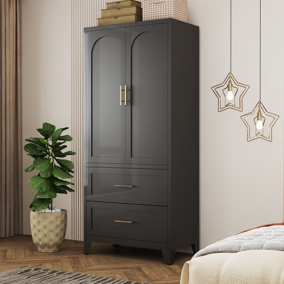 70.87" Tall Metal Wardrobe Cabinet with 2 Drawer & Hanging Rod,2 Doors Wardrobe Closet with Shelf,Suitable for Bedroom,Office,Laundry Room,Black