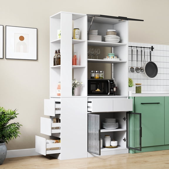 70.87 Tall Storage Cabinet with Glass Doors, Modern Wooden Entryway Organizer for Living Room, Hallway, White