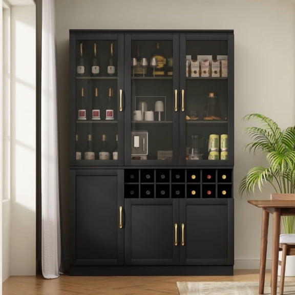 70.87" Tall Wine Bar Cabinet with Glass Doors, Modern Liquor Cabinet with Removable 14-Bottle Wine Rack & Built-in Door Shelves, High-Capacity Home Bar Storage Cabinet, Black