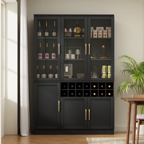 70.87" Tall Wine Bar Cabinet with Glass Doors, Modern Liquor Cabinet with Removable 14-Bottle Wine Rack & Built-in Door Shelves, High-Capacity Home Bar Storage Cabinet, Black