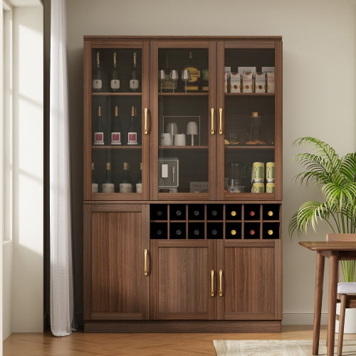 70.87" Tall Wine Bar Cabinet with Glass Doors, Modern Liquor Cabinet with Removable 14-Bottle Wine Rack & Built-in Door Shelves, High-Capacity Home Bar Storage Cabinet, Walnut