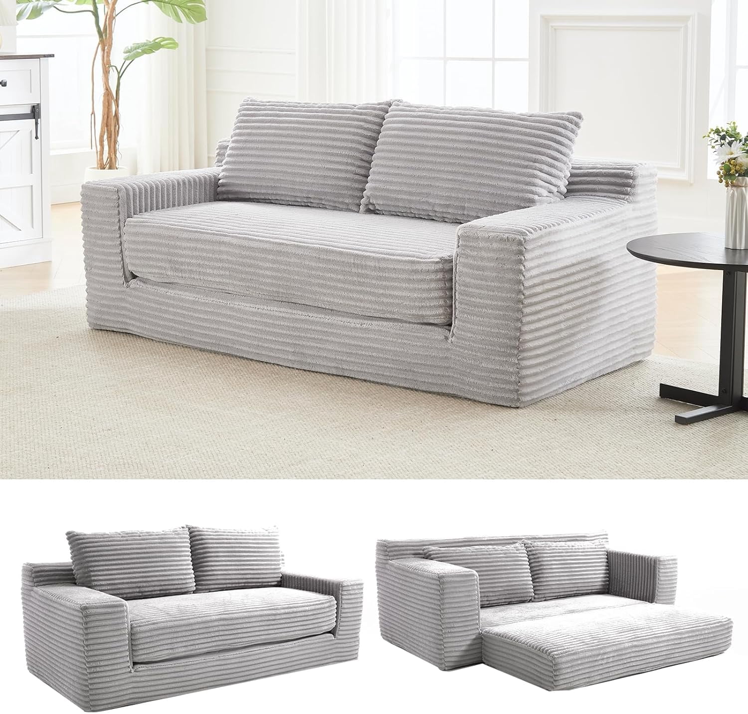 70.87" W Cloud Lounge Memory Foam Corduroy Convertible Folding and No Assembly Loveseat Sofa Bed,Grey