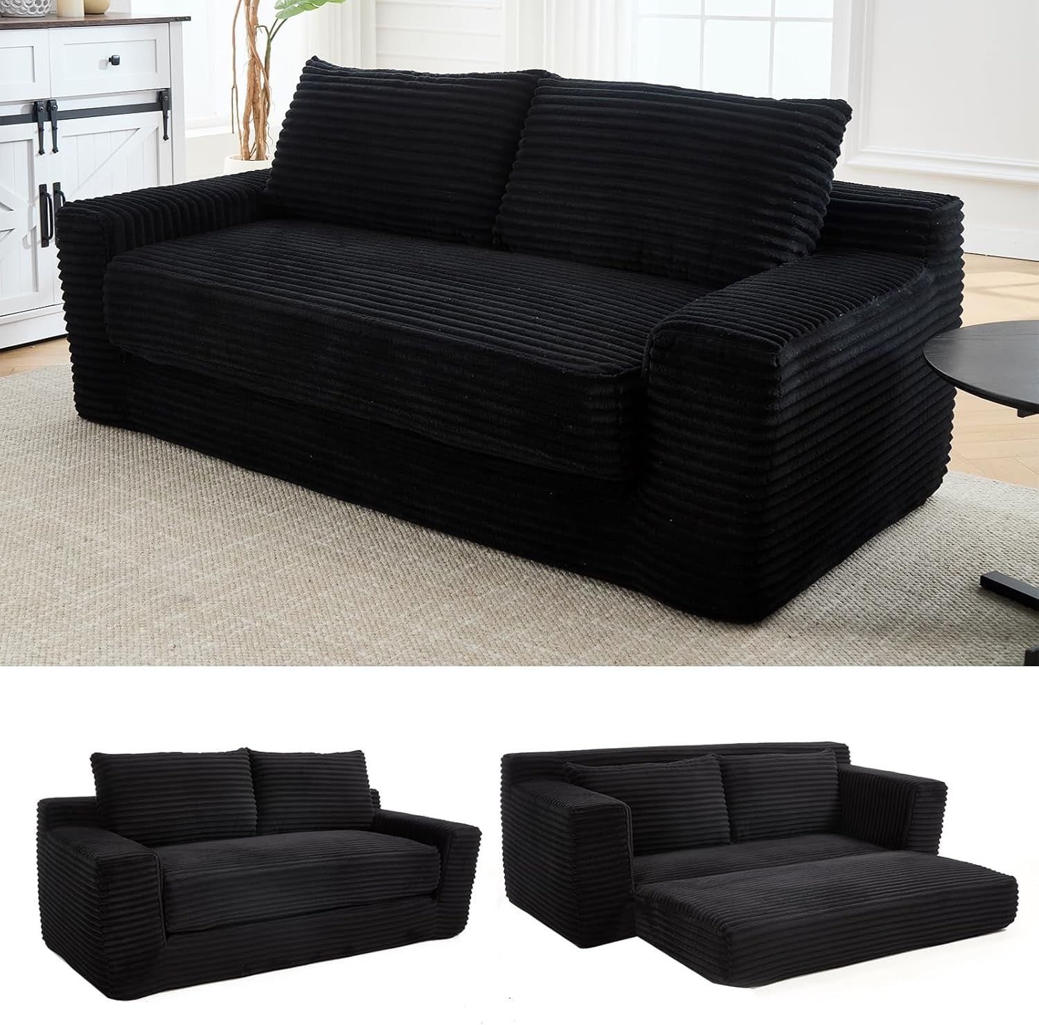70.87" WCloud Lounge Memory Foam Corduroy Convertible Folding and No Assembly Loveseat Sofa Bed,Black