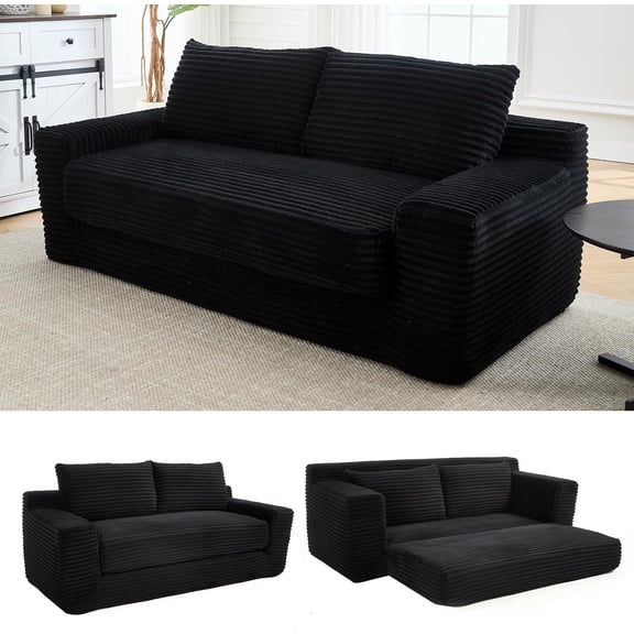 70.87" WCloud Lounge Memory Foam Corduroy Convertible Folding and No Assembly Loveseat Sofa Bed,Black