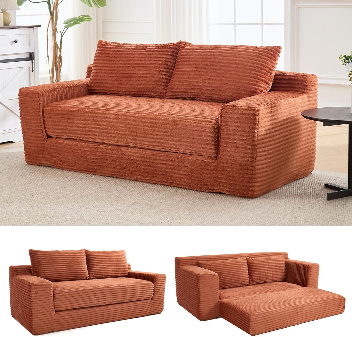 70.87" W Cloud Lounge Memory Foam Corduroy Convertible Folding and No Assembly Loveseat Sofa Bed,Orange