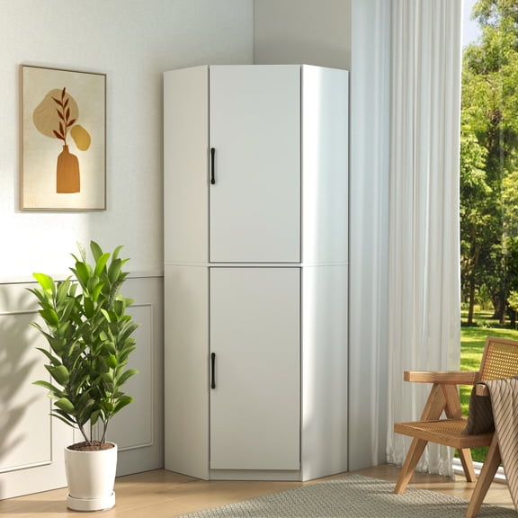 70.87" White Corner Cabinet, Freestanding L-Shaped Pantry Storage with Shelves