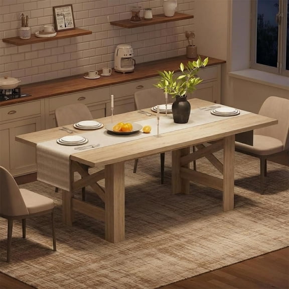 70.87" Wood Dining Table for 6-8 People – Farmhouse Large Kitchen Table with Thickened Tabletop & Sturdy Legs – Natural Wood/Walnut