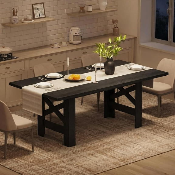 70.87" Wood Farmhouse Dining Table for 6-8, Heavy Duty Large Rectangular Kitchen Table with 1.18" Thick Tabletop & X-Shape Strong Legs for Big Family, Rustic Black
