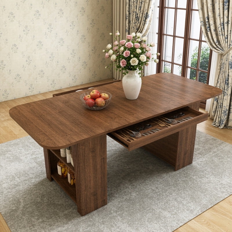 70.87-in Long Mid-Century Modern Dining Table for 4-6, MDF Wooden Kitchen Lunch Table with Drawers & Open Storage Shelf
