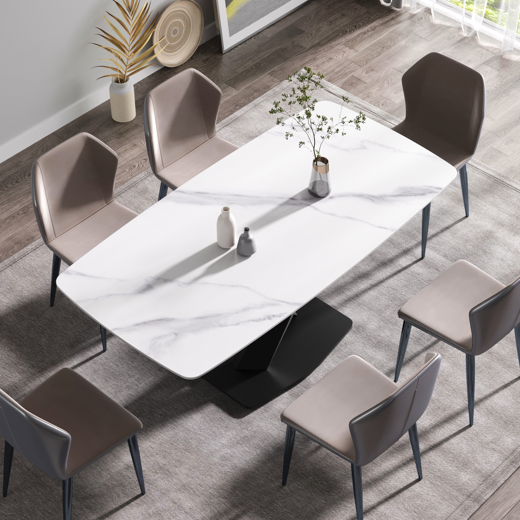 70.87 - inch white artificial stone dining table with black metal X ...