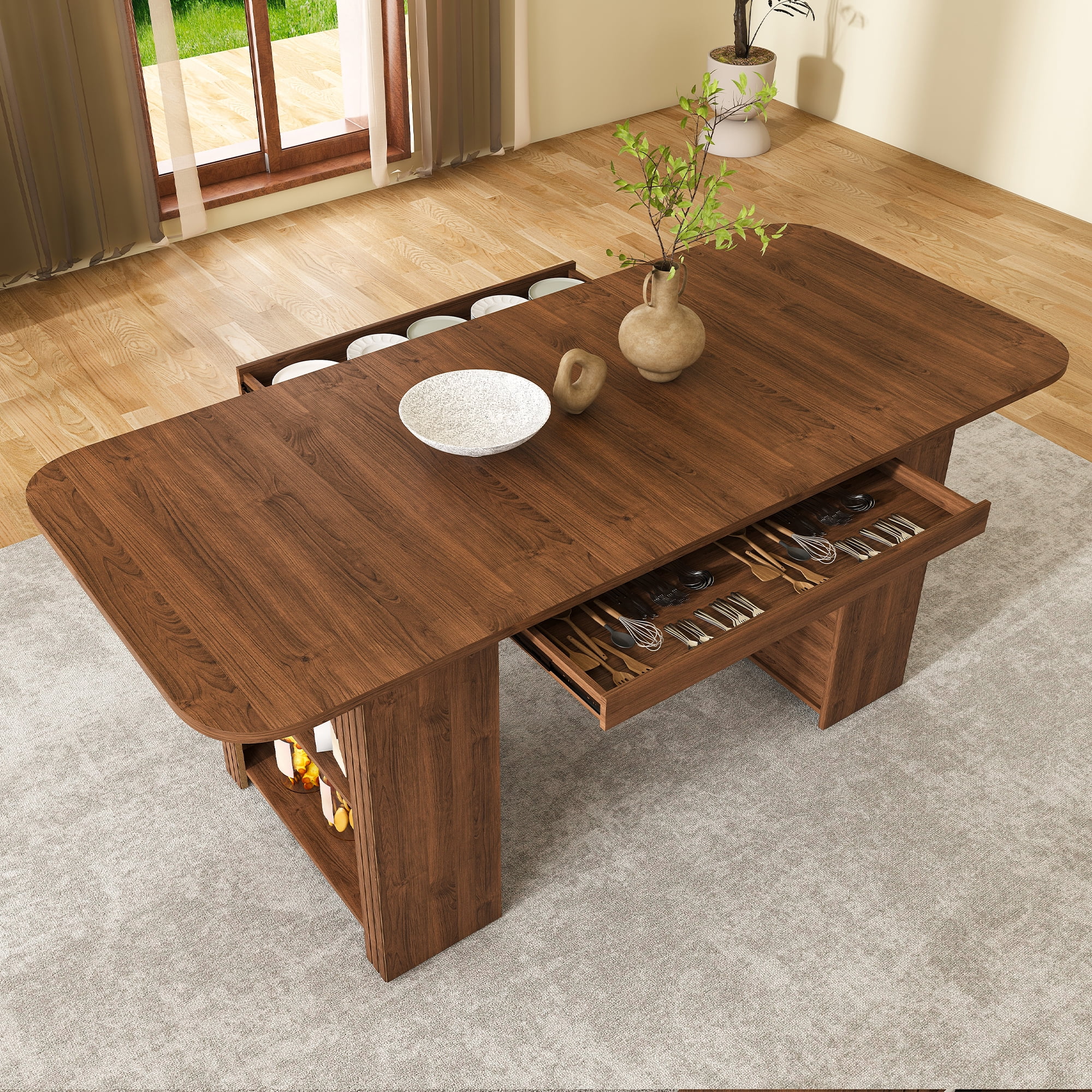 70.87in Dining Table with Drawers & Open Storage, for 4-6 People, MDF Walnut Finish, 3-Panel Wood Look Tabletop Modern Kitchen Table for Dining Room