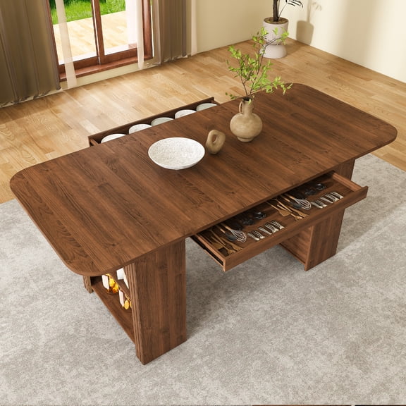 70.87in Dining Table with Drawers & Open Storage, for 4-6 People, MDF Walnut Finish, 3-Panel Wood Look Tabletop Modern Kitchen Table for Dining Room