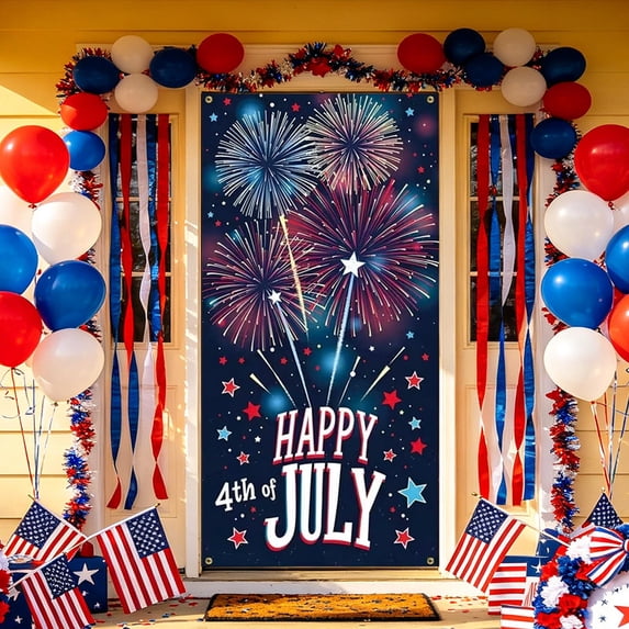 70.87x35.43 Inch Polyester Independence Day Door Cover, Patriotic Front Door Banner with Rope for 4th of July Anniversary Celebration Home Decor