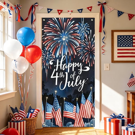 70.87x35.43 Inch Polyester Independence Day Door Cover, Patriotic Front Door Banner with Rope for 4th of July Anniversary Celebration Home Decor