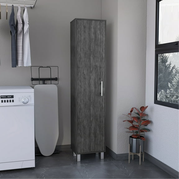 70.8h" Tall Narrow Cabinet With 5 Shelf, 3 Broom Hangers And Metal Trim, Oak - Home Organization Shelf For Spaces, Hangers, Oak, 70.8h