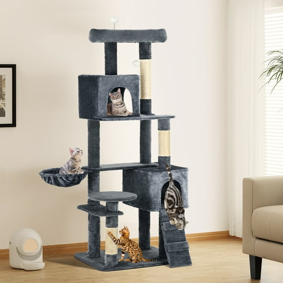 70.8in Cat Tree Tower for Indoor Cats, Multi-Level Cat Furniture with Scratching Posts,Cat Window Padded Plush Perch,Cozy Basket and Funny Toys for Kittens Pet Play House,Dark Gray