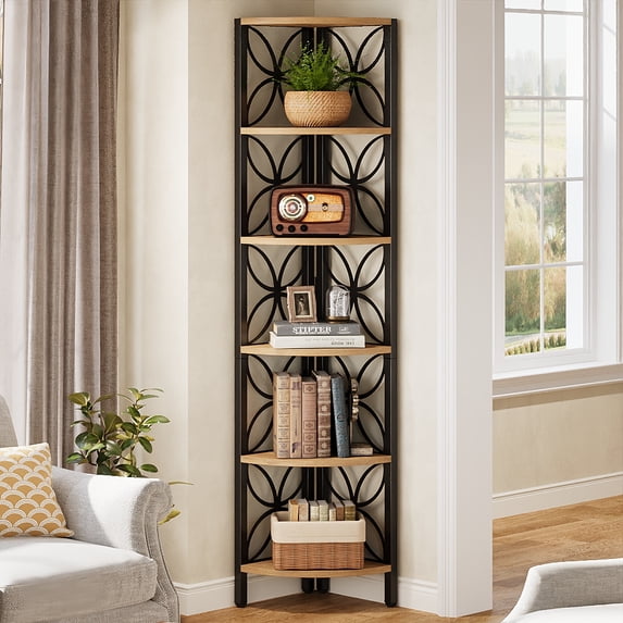 70.9" 6-Tier Corner Shelf, Rustic Corner Bookshelf Storage Rack, Wooden Corner Display Shelf for Living Room, Bedroom, Bathroom, Small Spaces