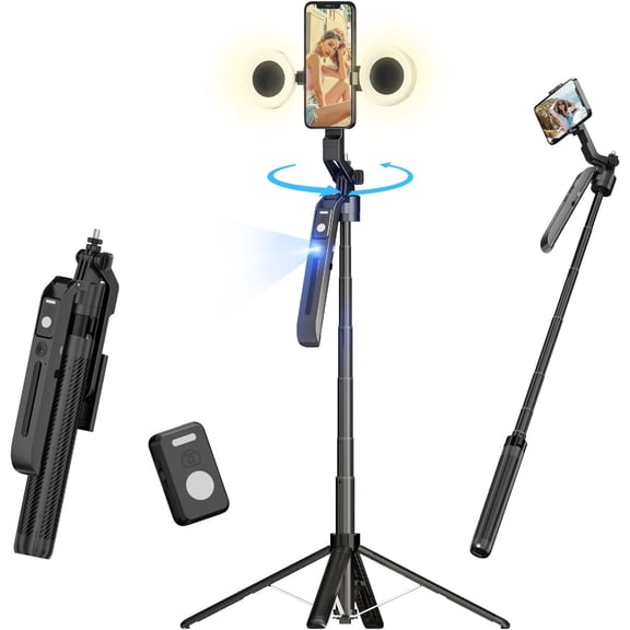 70.9" Auto Face Tracking Selfie Stick Tripod for iPhone Android with Lights, No App, 360Rotation Tripod that Follows Your Movement with Remote Control for Live Streaming, TikTok, YouTube