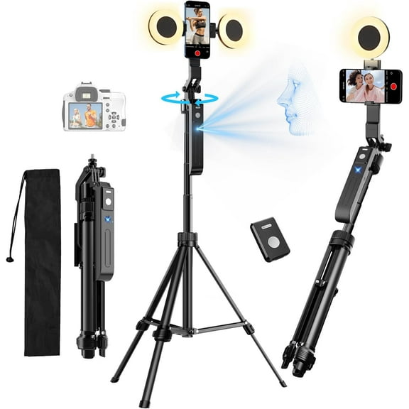 70.9" Auto Face Tracking Tripod 360 Rotation with Lights, Motion Sensor Phone Tripod Stand Selfie Stick with Remote, Face Body Gesture Control Phone Camera Holder
