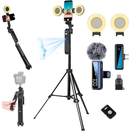 70.9 Auto Face Tracking Tripod for iPhone Anriod Phone,Vlogging Kit for iPhone,Content Creator Essentials,with Light / 360 Rotatable Tripod/Wireless Microphone/Remote