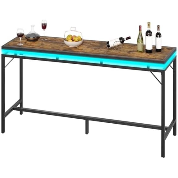 70.9" Bar Table with LED Lights, Counter Height Bar Height Table, Pub Gaming Table, Metal Frame, for Living Room, Dining Room, Pub, Rustic Brown and Black BT18DBR$$Furniture