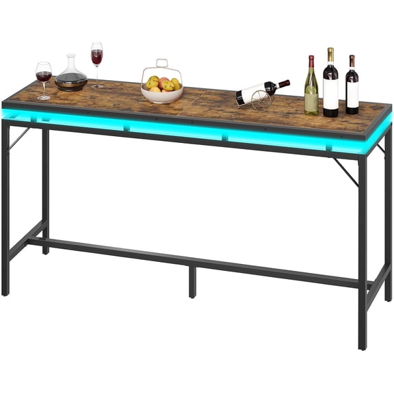 70.9" Bar Table with LED Lights, Counter Height Bar Height Table, Pub Gaming Table, Metal Frame, for Living Room, Dining Room, Pub, Rustic Brown and Black