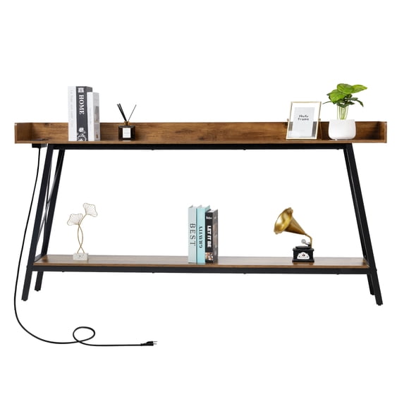 70.9" Console Table with 2 Power Outlets & USB Ports, Rustic Industrial Sofa Table Behind Couch for Living Room, Narrow Entryway Hallway Long Bar Table, Brown