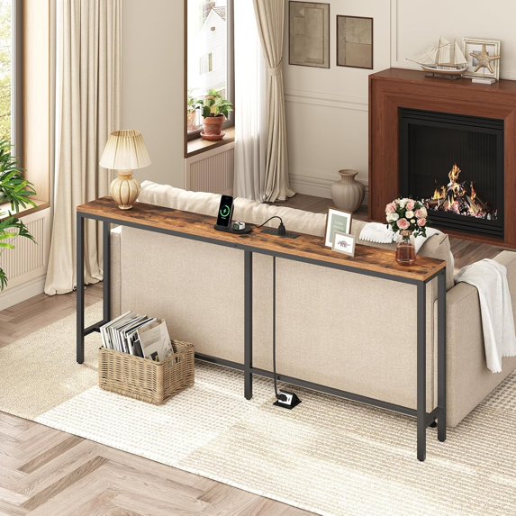 70.9'' Console Table with Power Outlet, Narrow Sofa Table with Charging Station for Entryway Hallway Living Room Rustic Brown