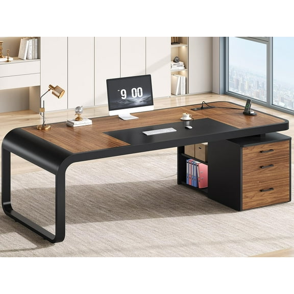 70.9" Executive Desk with Drawers and Power Outlets, Modern Office Desk with Shelf and Large Desktop, Computer Desk Study Table with Storage, Dark Brown
