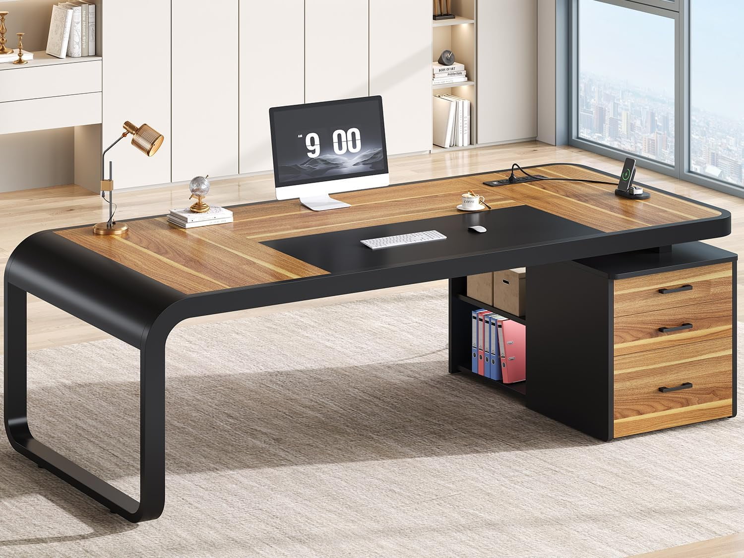 70.9" Executive Desk with Drawers and Power Outlets, Modern Office Desk with Shelf and Large Desktop, Computer Desk Study Table with Storage, Rustic Brown