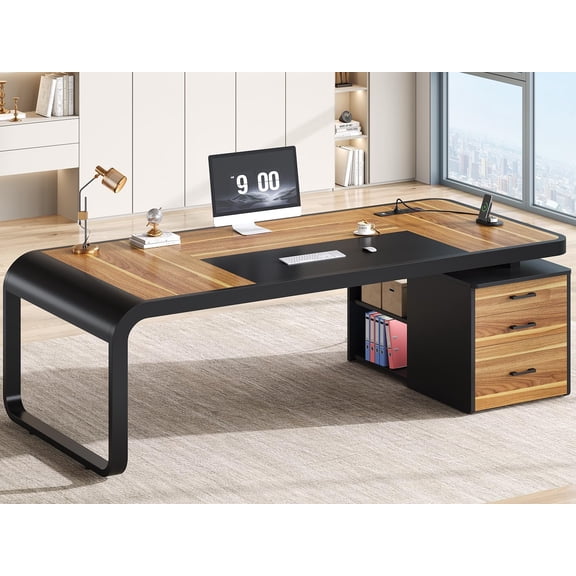 70.9" Executive Desk with Drawers and Power Outlets, Modern Office Desk with Shelf and Large Desktop, Computer Desk Study Table with Storage, Rustic Brown