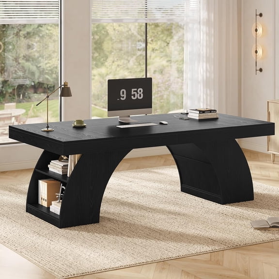 70.9" Executive Desk, Modern Office Desk with Power Outlet & Storage Shelves, Computer Desks Wood Writing Table Workstation for Home Office, Black