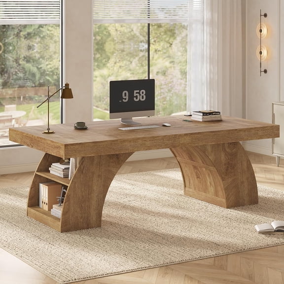 70.9" Executive Desk, Modern Office Desk with Power Outlet & Storage Shelves, Computer Desks Wood Writing Table Workstation for Home Office, Oak
