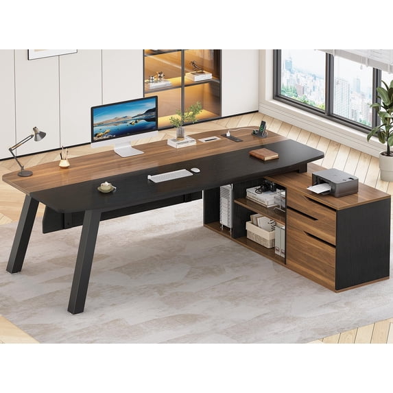 70.9" Executive Desk with 3 Drawers and Storage Shelves, L Shaped Computer Desk for Home Office, Bedroom, Study Room