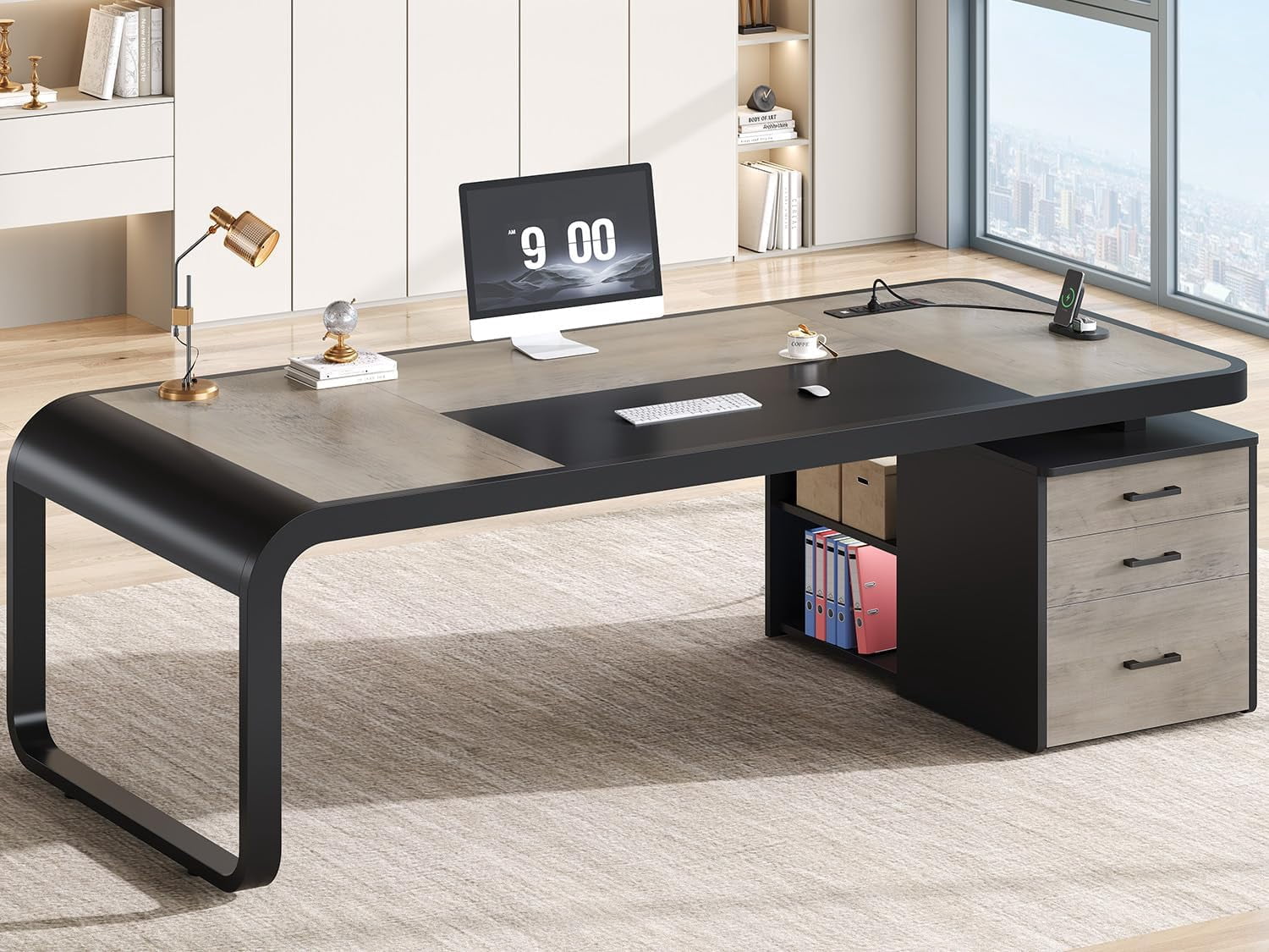 70.9" Executive Desk with Drawers and Power Outlets, Modern Office Desk with Shelf and Large Desktop, Computer Desk Study Table with Storage, Grey