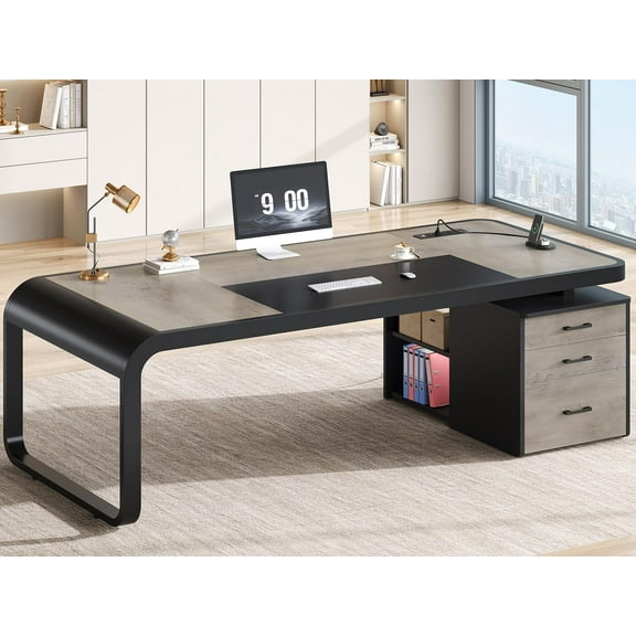 70.9" Executive Desk with Drawers and Power Outlets, Modern Office Desk with Shelf and Large Desktop, Computer Desk Study Table with Storage, Grey