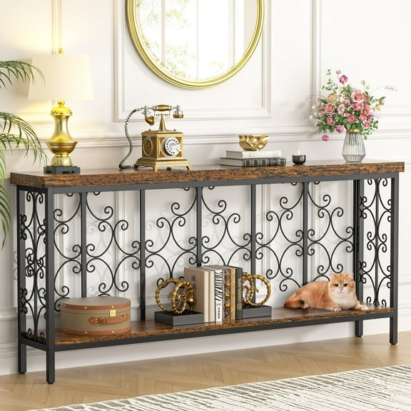 70 Console Table Behind Couch, Extra Long Narrow 2-Tier Storage Console Table, Rustic Brown