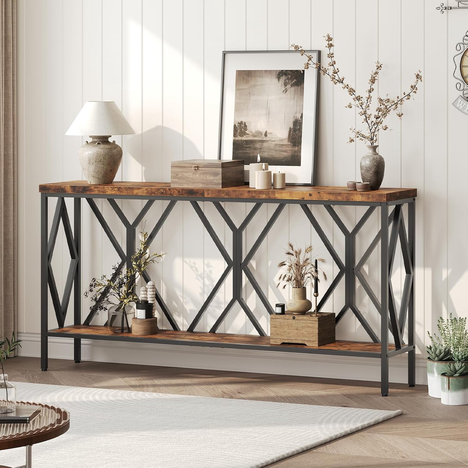 70.9'' Extra Long Console Table, Industrial Sofa Table Behind Couch, 2 ...